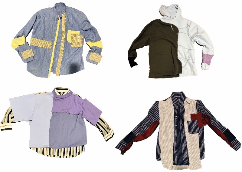 Four patchwork shirts laid flat on white, each spliced from chambray, stripe and plain shirting with contrasting pockets and cuffs.