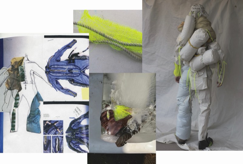 Process collage of blue jacket flat drawings, a fluorescent green net sample, a glove frozen in ice, and a figure strapped with white padded bolsters.