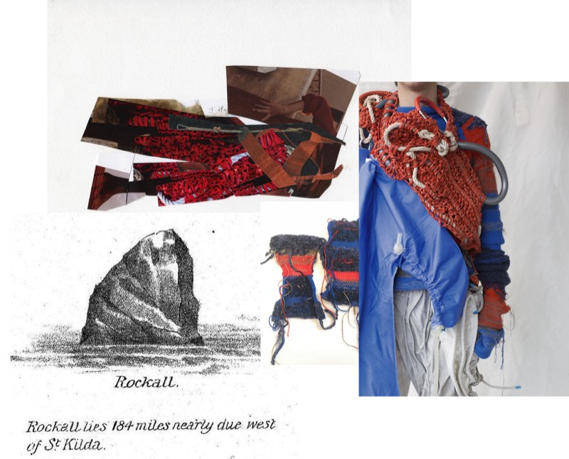 Research collage of a brick-red crocheted shawl knotted with rope over blue rainwear, striped knit swatches, and an engraving of the sea stack Rockall.