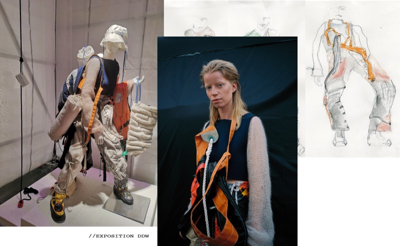 Lookbook spread pairing an exhibition mannequin in padded sand trousers and hiking boots with a portrait of an orange webbing harness and pencil design drawings.